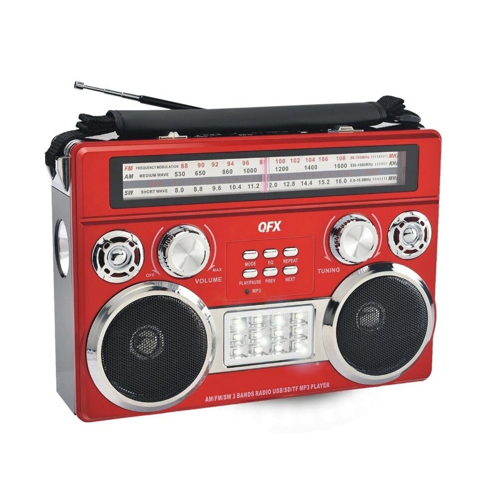 QFX Red Portable Retro AM/FM/SW 3-Band Radio With Flashlight Bluetooth Boombox